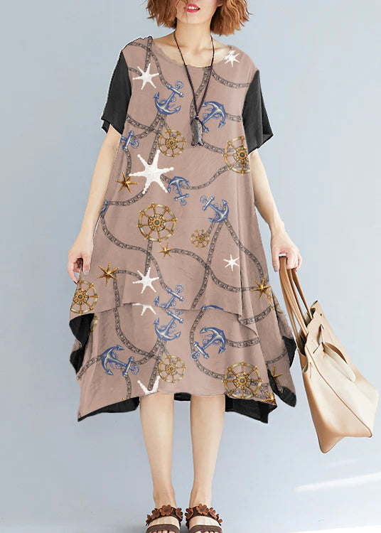 Vivid Black Flowers and Birds Linen-cotton Tunics for Fabrics O Neck Asymmetric Oversized Summer Dress