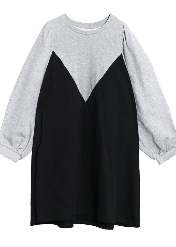 100% Gray Robes O Neck Patchwork Black Long Dress