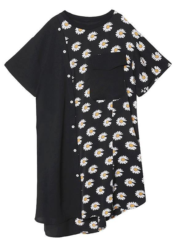 100% O Neck Asymmetric Cotton Clothes Shirts Black Print Cotton Robes Dress