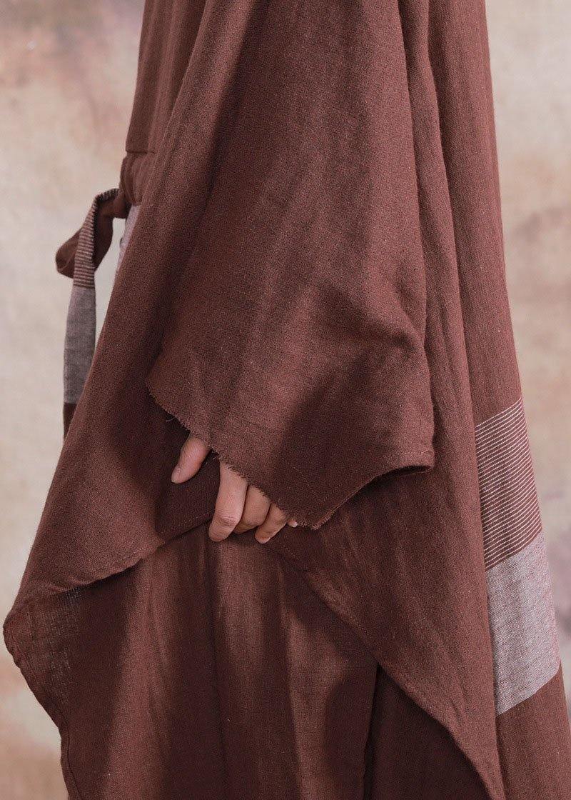 100% O Neck Asymmetric Linen Clothes for Brown Plaid Drawstring Dresses Fall