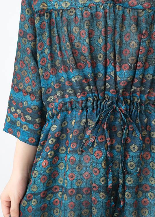 100% V Neck Drawstring Dress Pattern Green Dotted Robe Dress