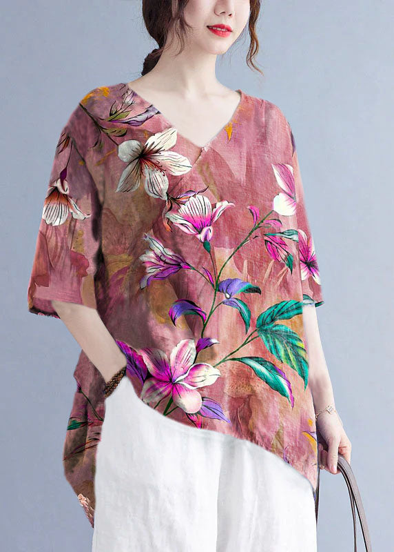 French Blue V Neck Print Asymmetrical Design Fall Half Sleeve Shirt Top