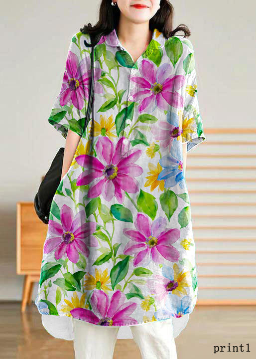 Retro Purple Flower Print5 Pockets Linen Skirt Summer
