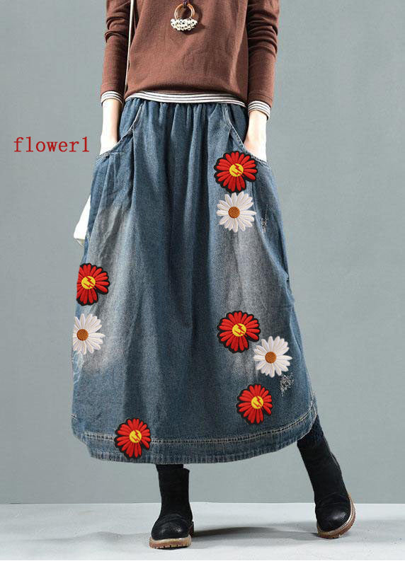 Blue-colorful Flowers Pockets Retro Patchwork Summer Skirts Denim