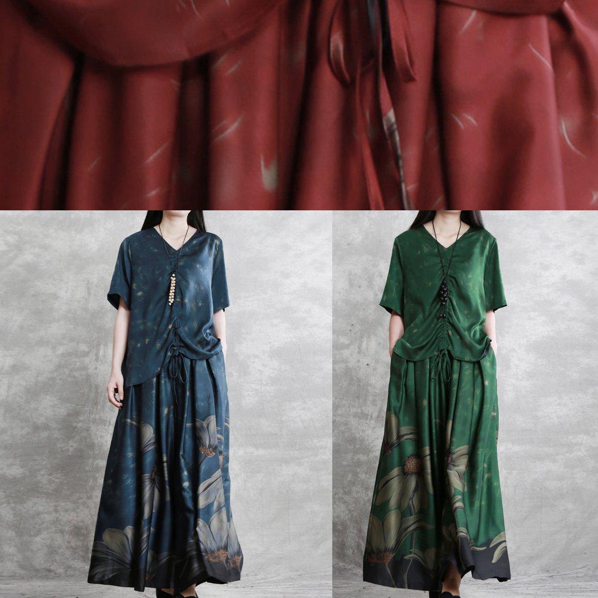 20 Summer Retro Suit Female Green V-neck Five-point Sleeve Shirt + Big Swing Skirt Pants