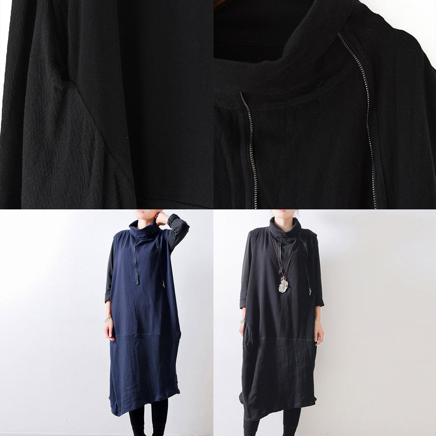 Autumn Black Shoulder Zipper Linen Dresses Cotton Patchwork Caftans Gowns