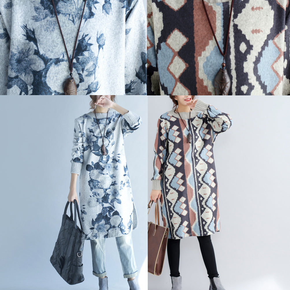 Autumn Winter Gray Print Woolen Knit Dresses Fit Sweater Dress Side Open