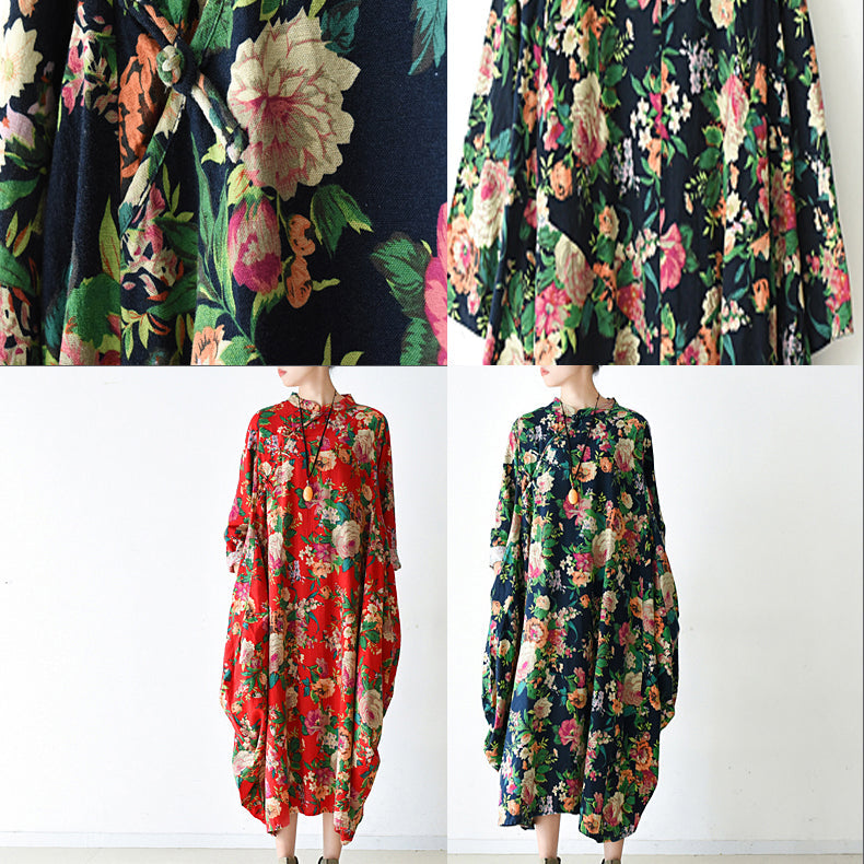 Fall Navy Baggy Linen Dresses Oversized Caftans Long Cotton Dress