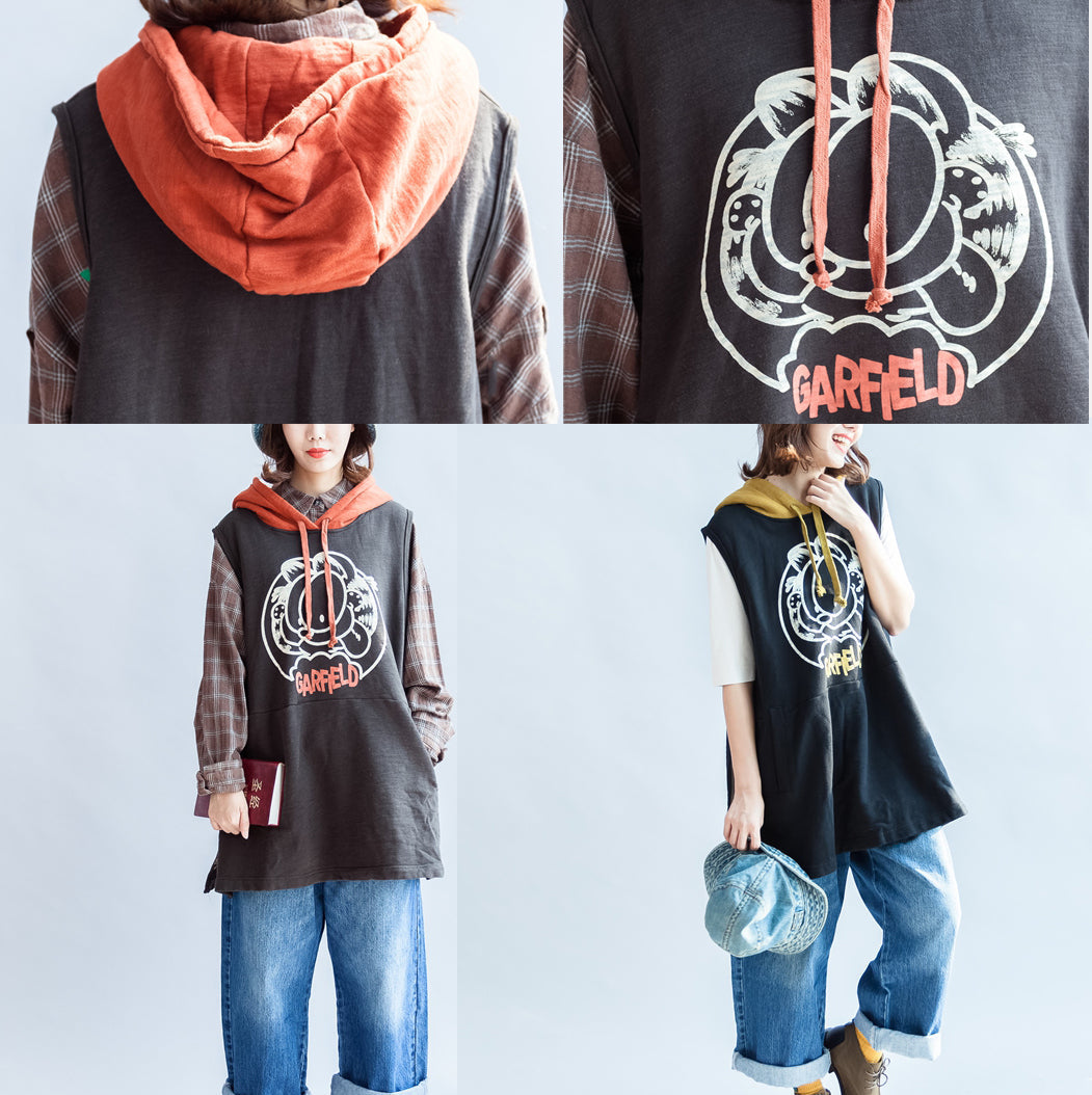 Black Cartoon Print Cotton Sleeveless Pullover Oversize Hooded Thick Vests