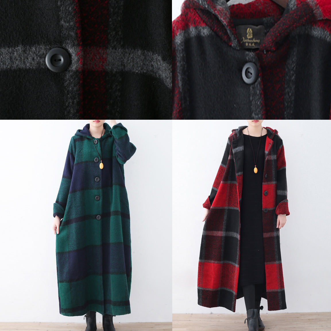Green Woolen Coat Trench Coat Plaid Long Coats Hooded