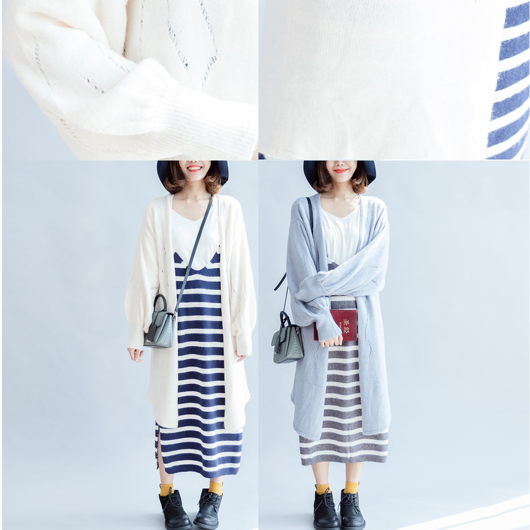 New Beige Hollow Out Cotton Cardigan Big Lantern Sleeve Knit Outwear