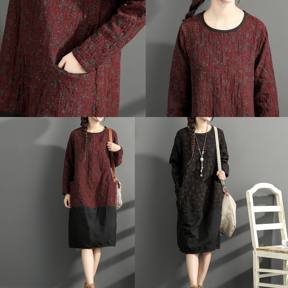 New Black Prints Cotton Dresses Oversize Long Sleeve Thick Warm Dress
