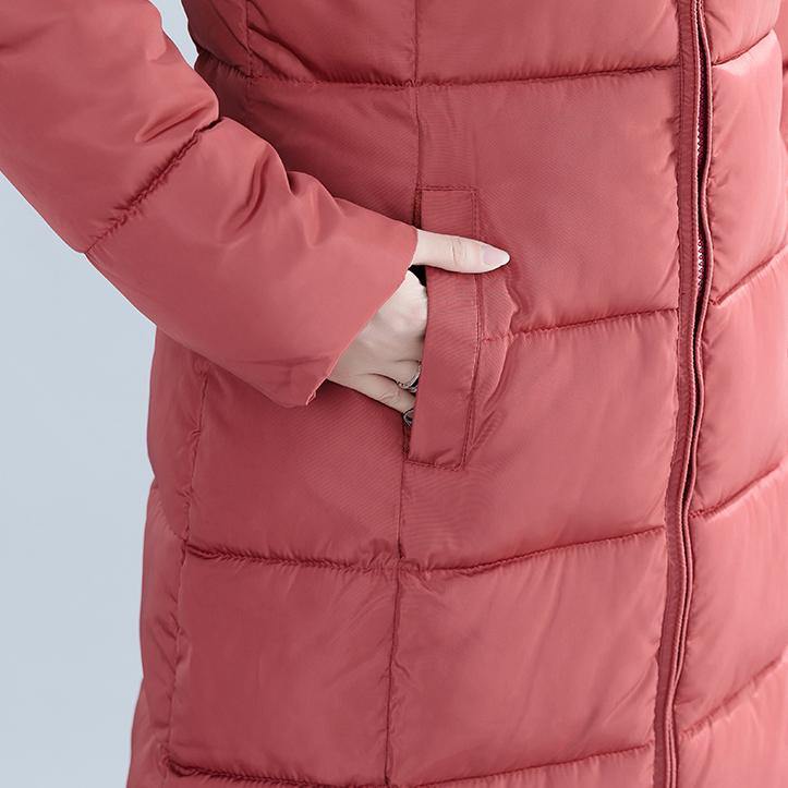 Red Winter Hooded Cotton Jacket Pockets Zippered Trench Cotton Coats