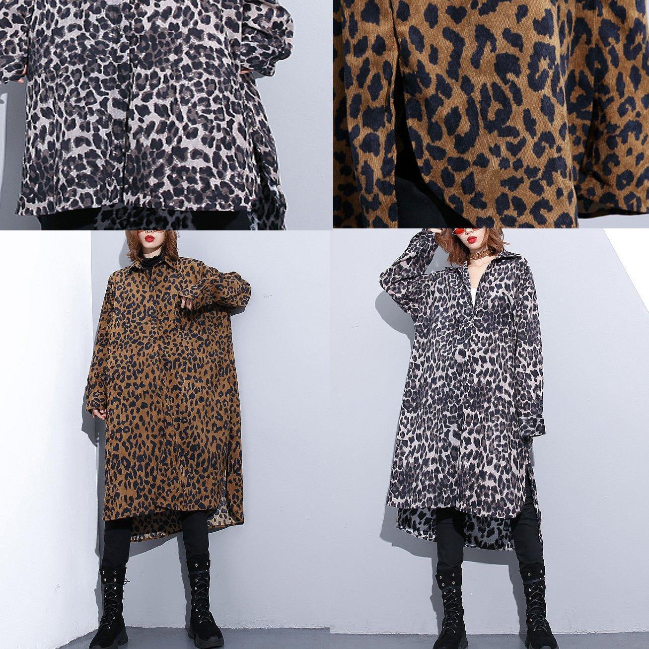 Chocolate Leopard Coat Clothing Dress Side Open Turn-down Collar Button Coat