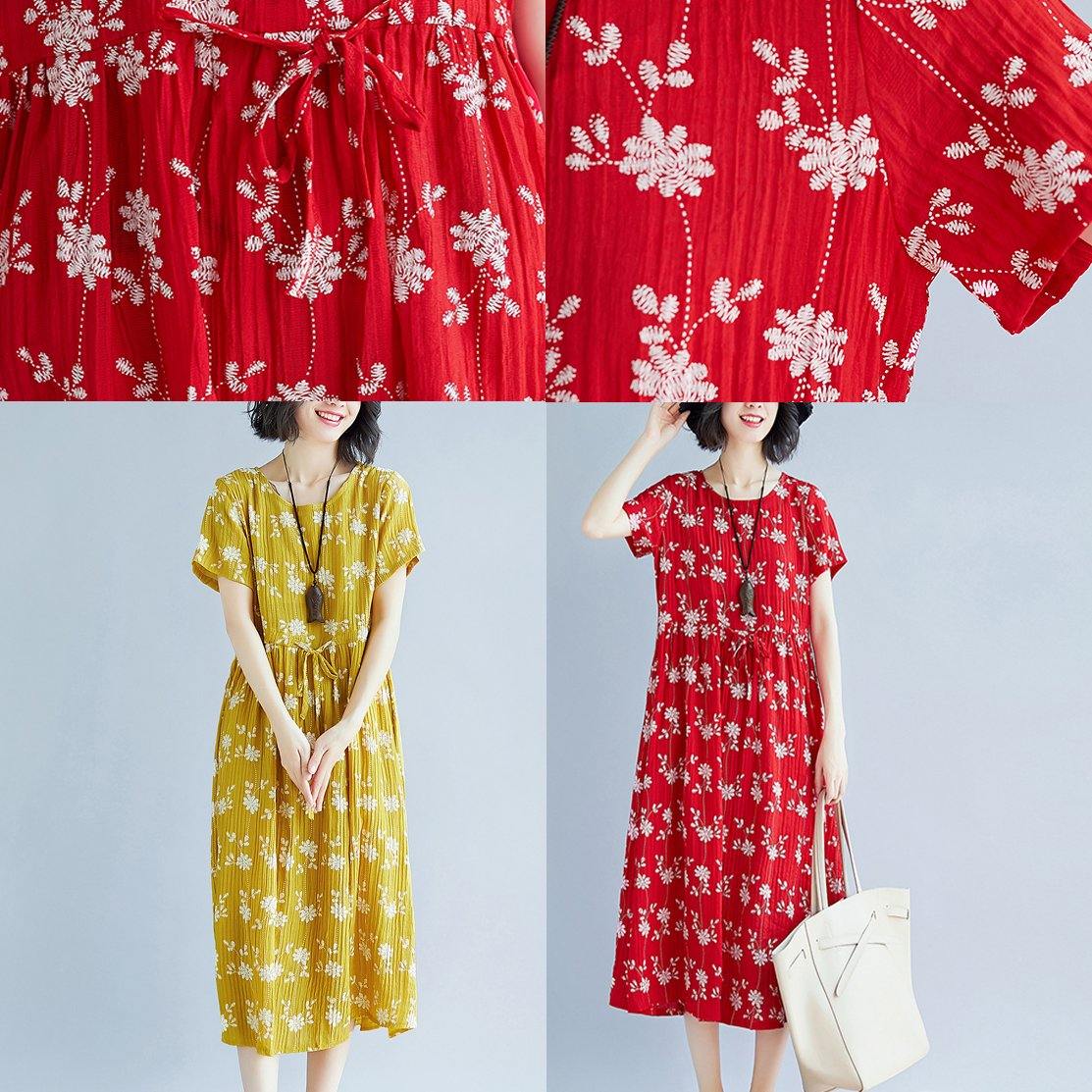 Yellow Cotton Blended Shift Dresses Oversize Clothing Dress New Short Sleeve Print Drawstring Clothing Dress