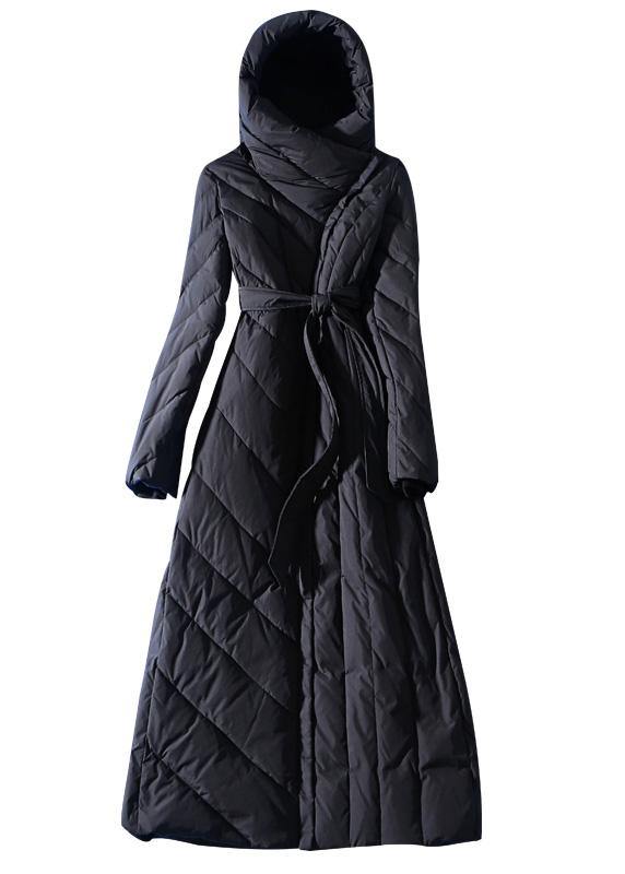 Loose Fitting Parka Hooded Winter Outwear Black Tie Waist Down Coat Winter