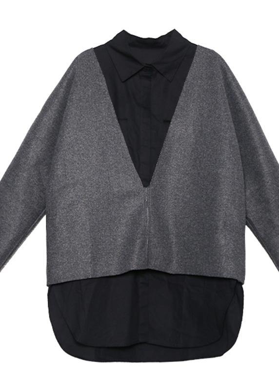 Autumn and Winter New Large Size Long-sleeved V-neck Wool Tops White Shirt Female Two-piece Suit