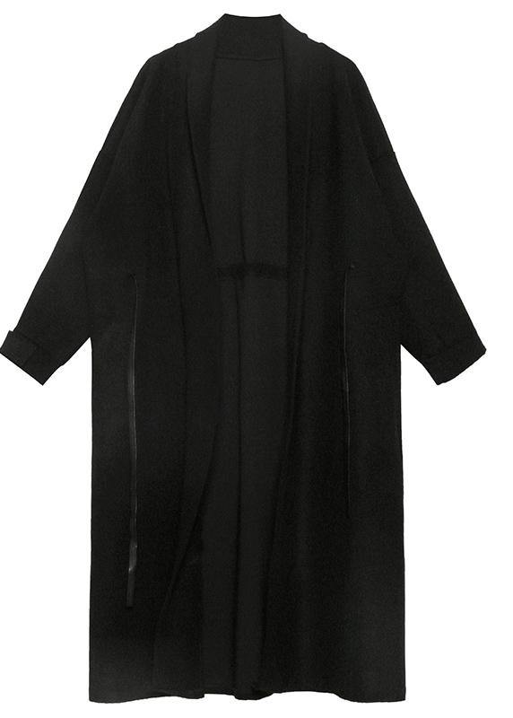 Black Woolen Overcoat Winter Notched Tie Waist Coat