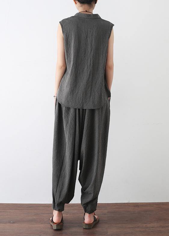 Gray Cotton Linen Two Pieces Sleeveless Tops and Pants