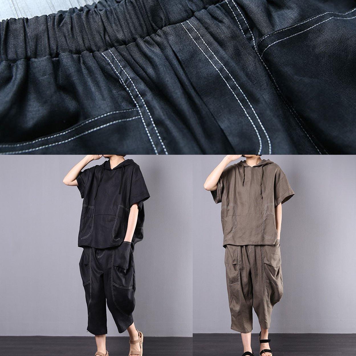 Gray Cotton Linen Loose Hooded Tops and Harem Pants Two Pieces