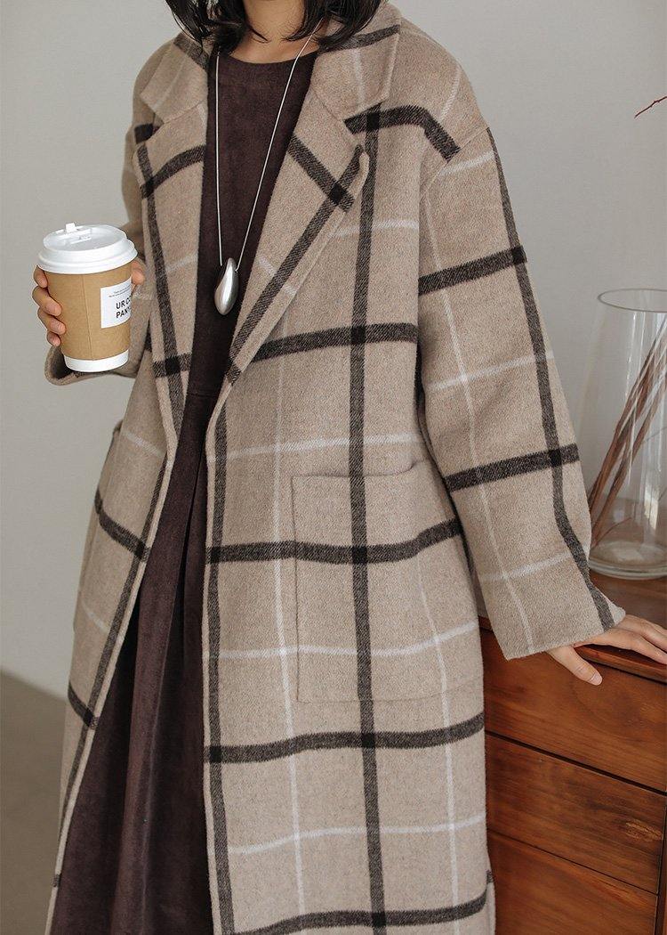 Plaid Wool Coat Notched Pockets Long Woolen Outwear