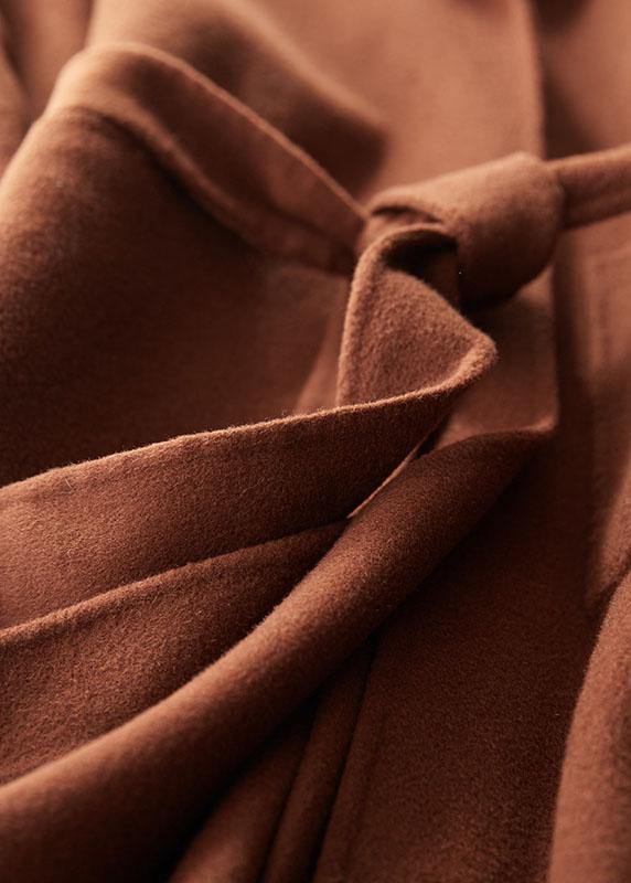 Medium Length Coat Notched Coat Brown Tie Waist Side Open Woolen Coat