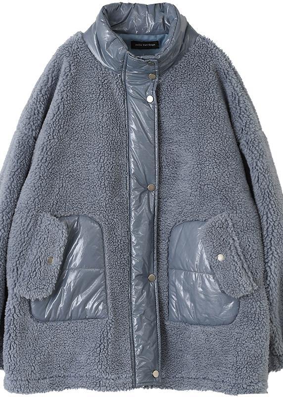 Loose Jacket Blue Stand Collar Patchwork Woolen Coat