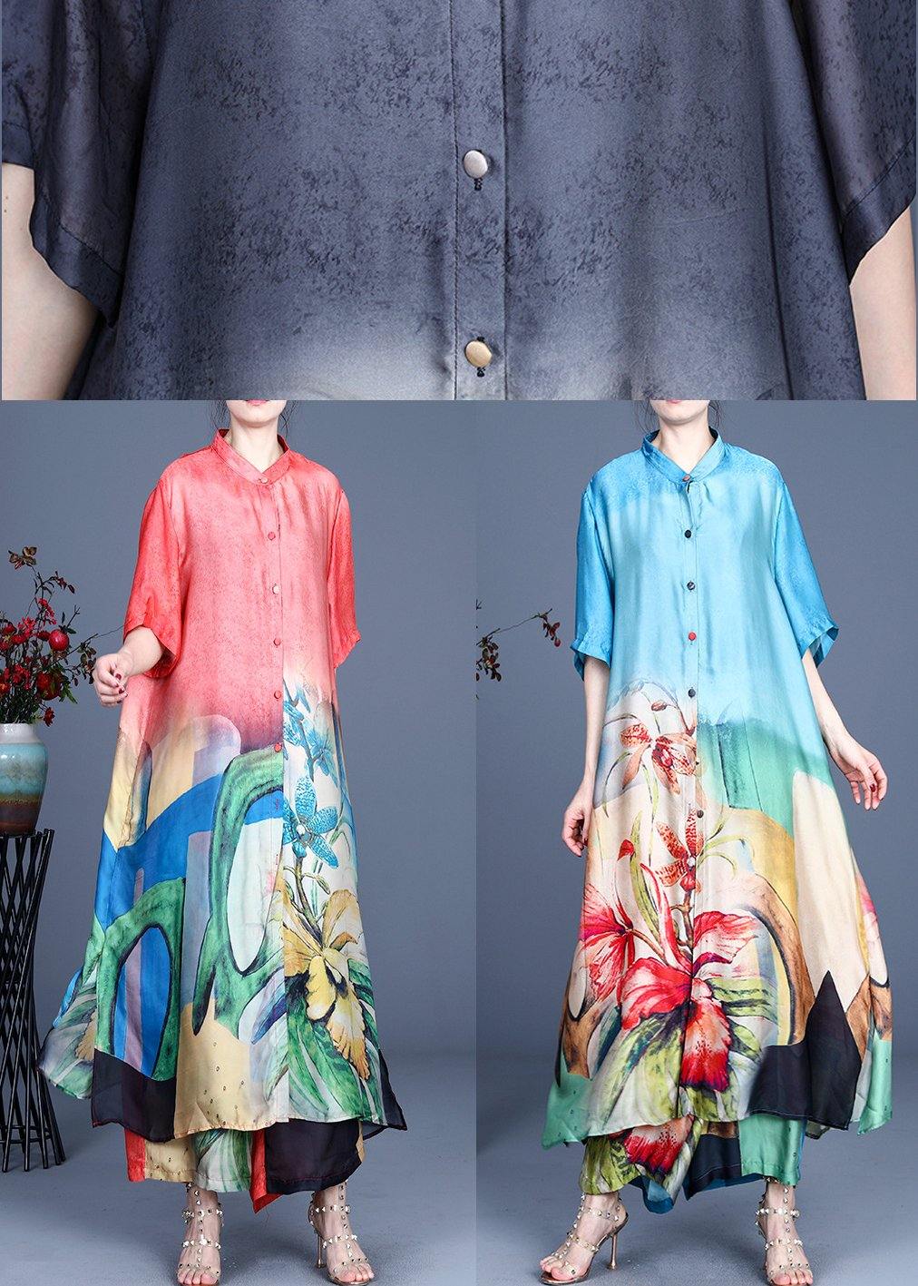 Summer Black Large Loose Print Tencel Long Shirt + Two Piece Wide Leg Pants Set