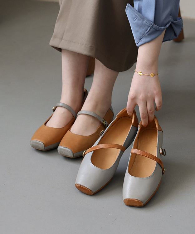 Buckle Strap Flat Shoes for Grey Comfy Cowhide Leather