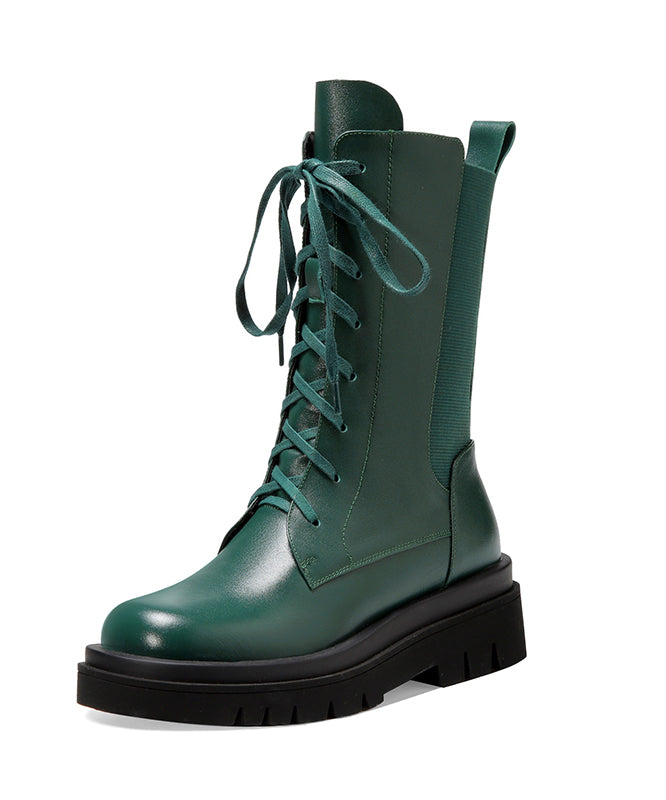 Splicing Platform Boots Green Cowhide Leather Cross Strap