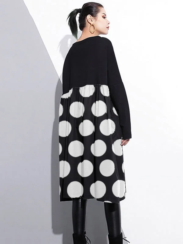Stylish White Dot Cotton Shift Dress Cotton Clothing Dress High Waist Patchwork Cotton Dress