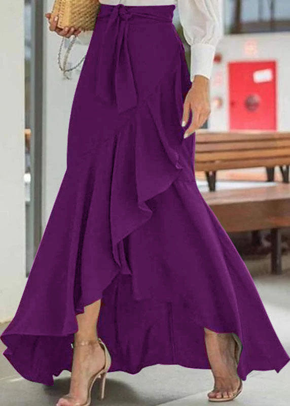 Blue Color High Waist Ruffle High Low Hem Swing Maxi Skirts for
