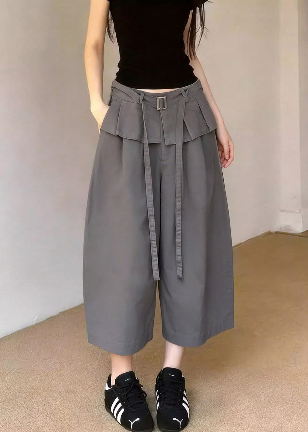 New Grey Pockets Patchwork Sashes Crop Pants