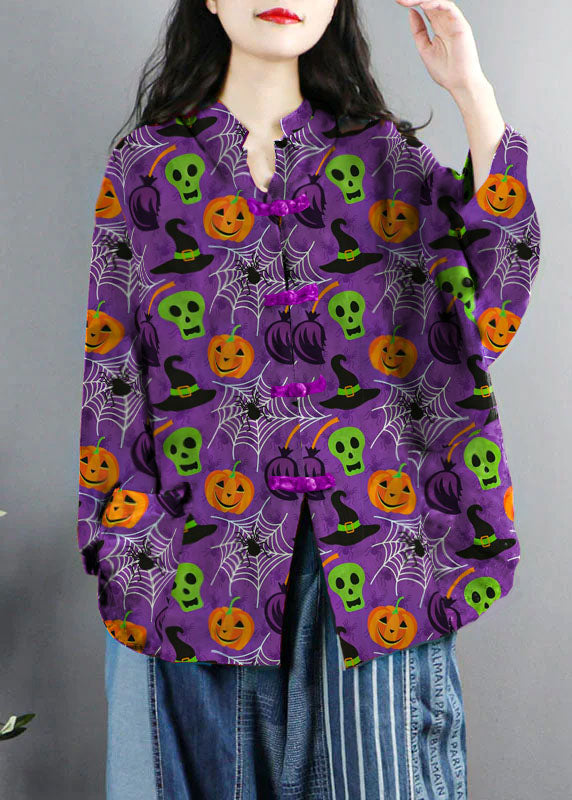 Chinese Style Brown-pumpkin Print Pockets Button Patchwork Cotton Coats Long Sleeve