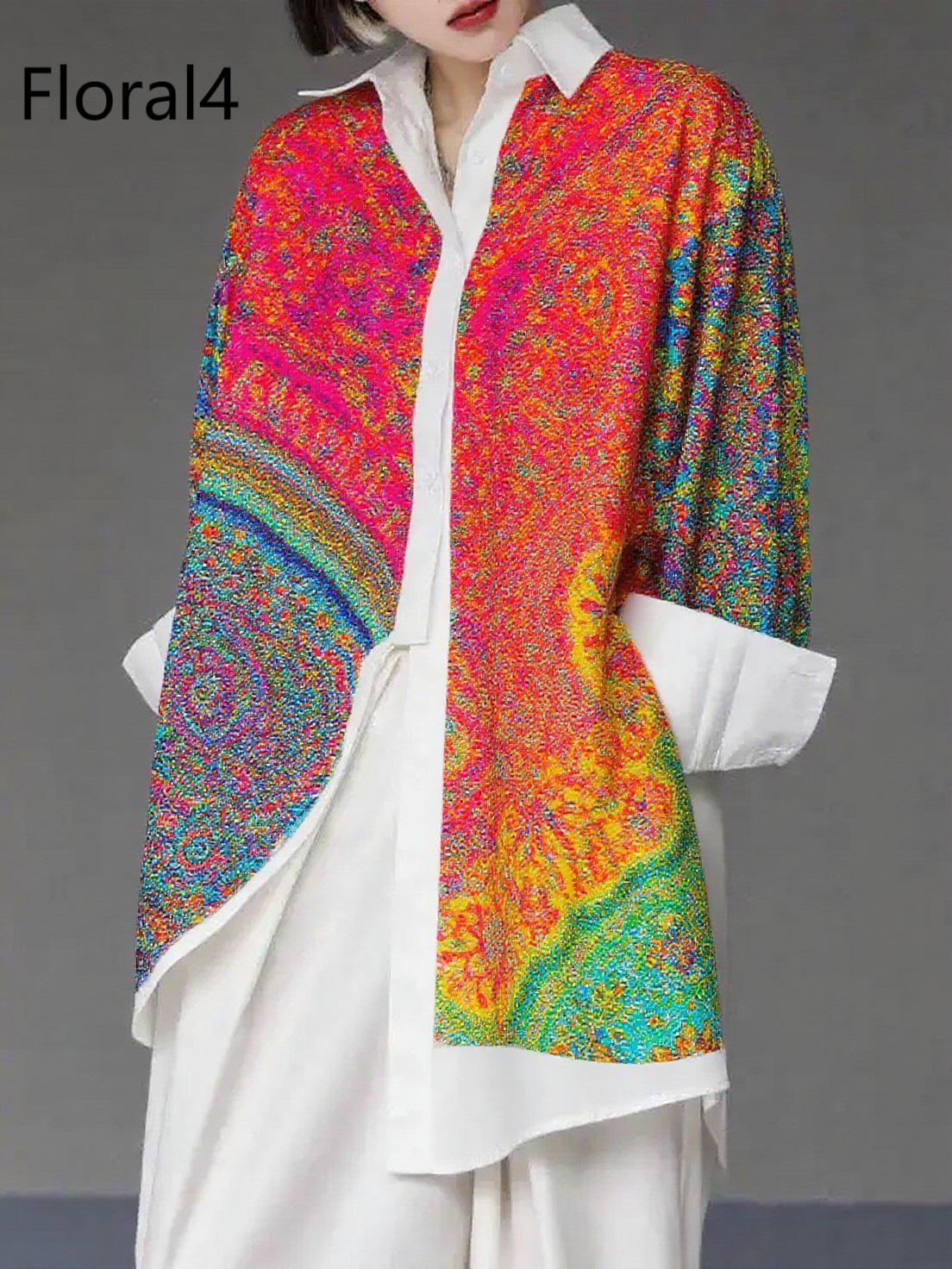 Unique Gradient Color4 Asymmetrical Design Side Open Cotton Long Shirts Spring