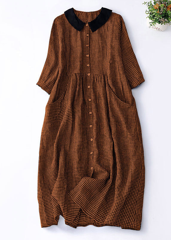 Organic Purple Plaid Peter Pan Collar Patchwork Linen Dresses Summer