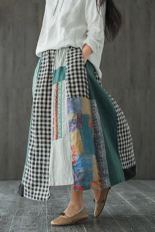 100% Linen A-line Skirt With Irregular Print Stitching