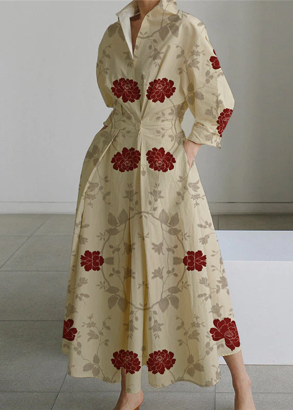 Apricot Lace Peter Pan Collar Pockets Cotton Dress Long Sleeve