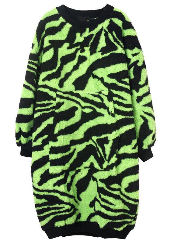 Comfy O Neck Thick Sweater Dress Outfit Green Striped Knitwear Dress