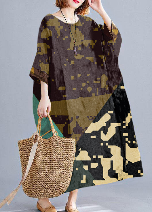 Diy O Neck Pockets Linen Cotton Dress Tunic Tops Yellow Print Dresses
