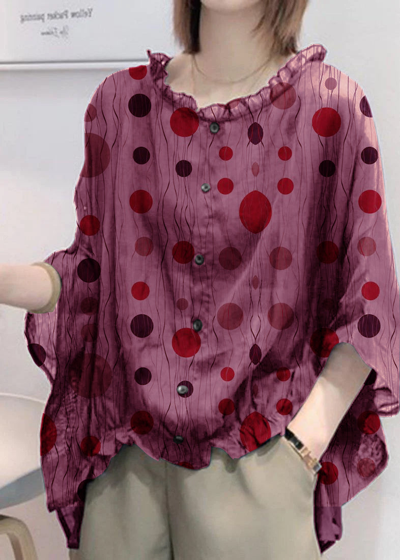 Art Black Print Tops Ruffles Trim Half Sleeve Shirts Blouse