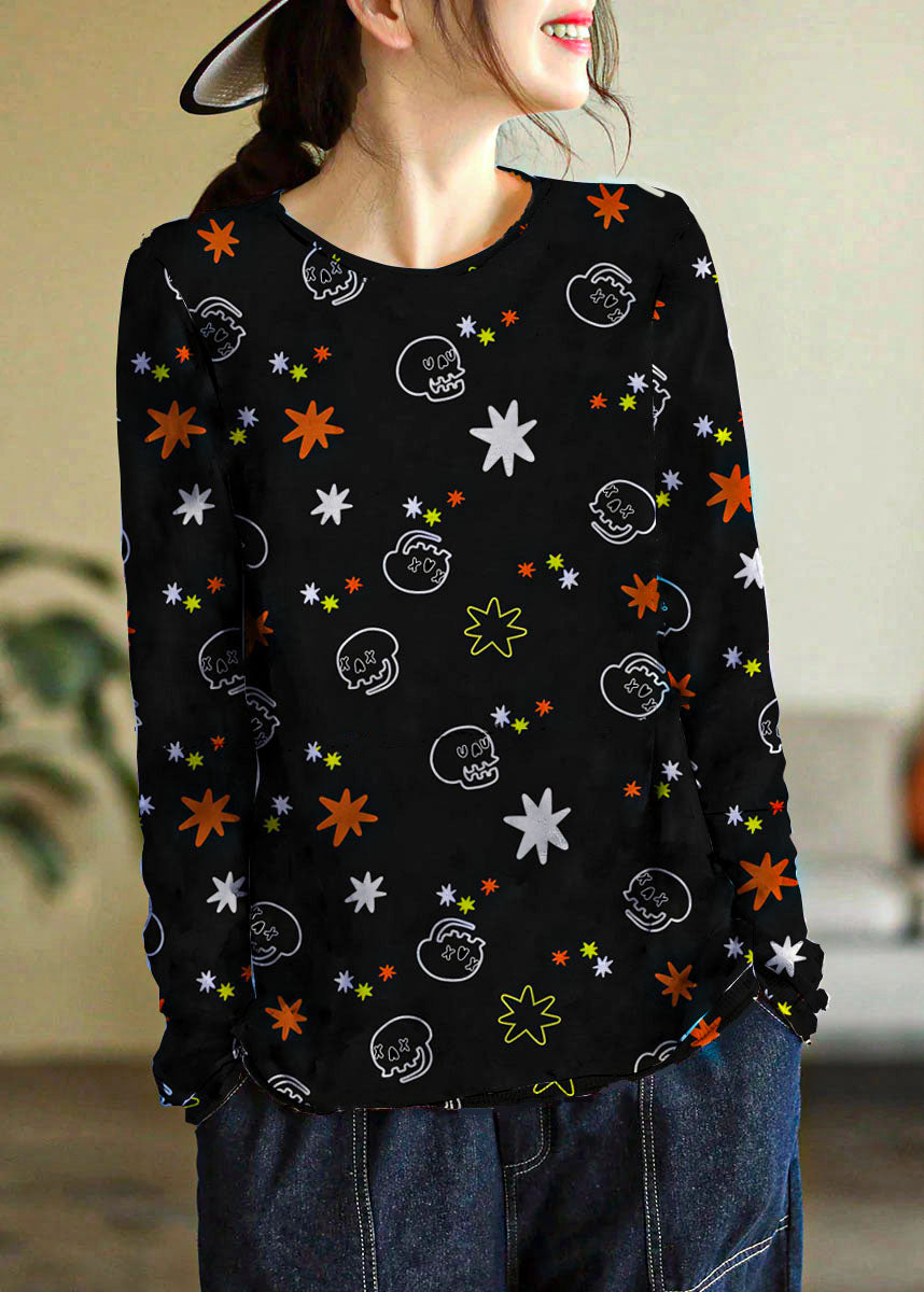 Elegant Purple Square O-Neck Print Cotton Knitted Top Long Sleeve