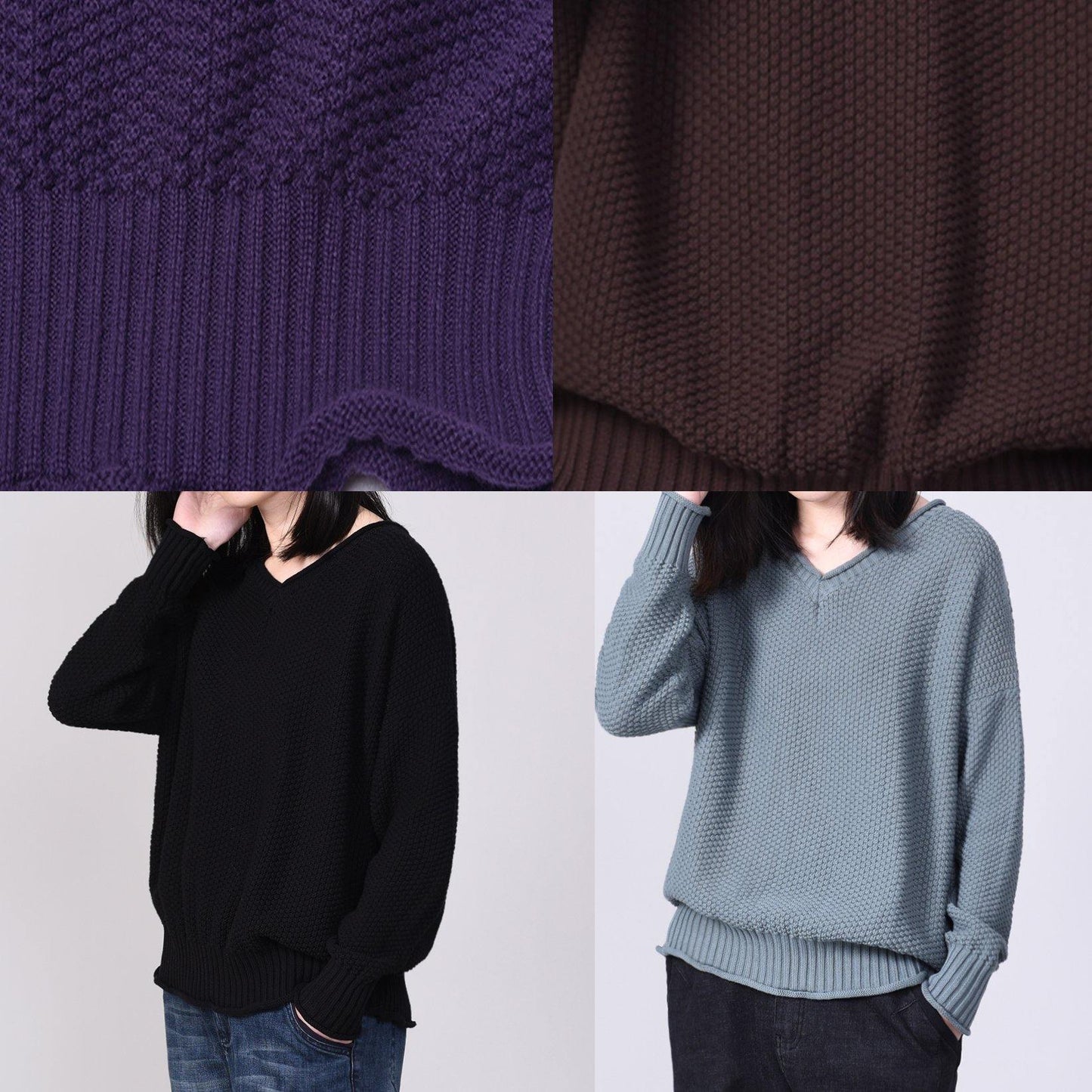 Aesthetic Gray Blue Knit Pullover Oversized V Neck Sweaters Autumn