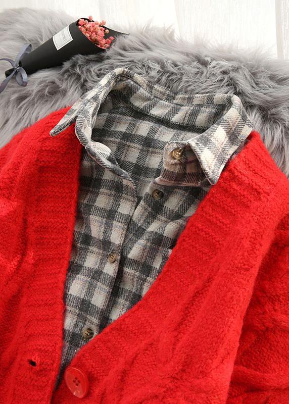 Aesthetic Red Knitted Cardigans V Neck Long Sleeve Sweaters