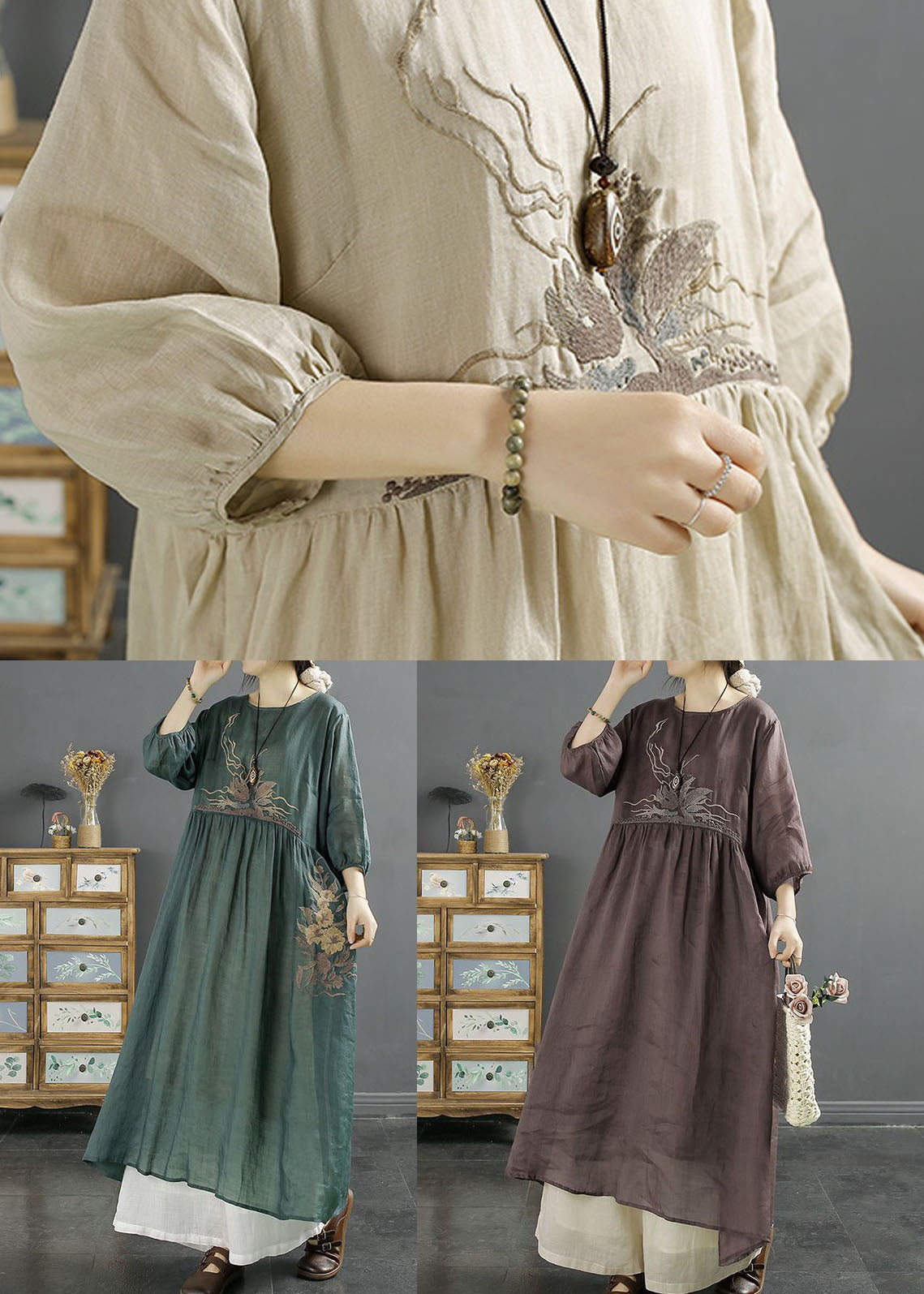 Apricot Patchwork Linen Dresses Embroideried O-neck Wrinkled Bracelet Sleeve