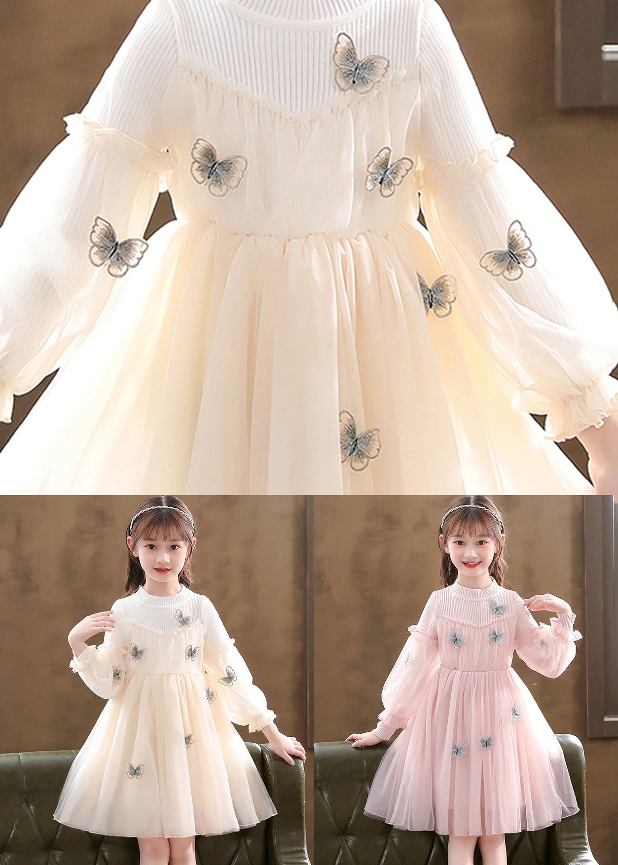 Apricot Patchwork Tulle Kids Dresses Wrinkled Butterfly Fall