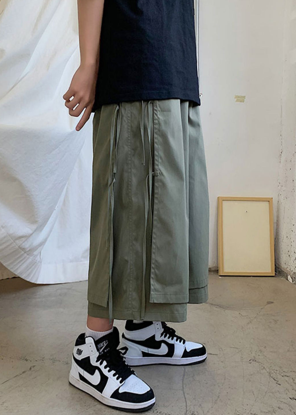 Army Green Pockets Patchwork Cotton Wide Leg Pants High Waist
