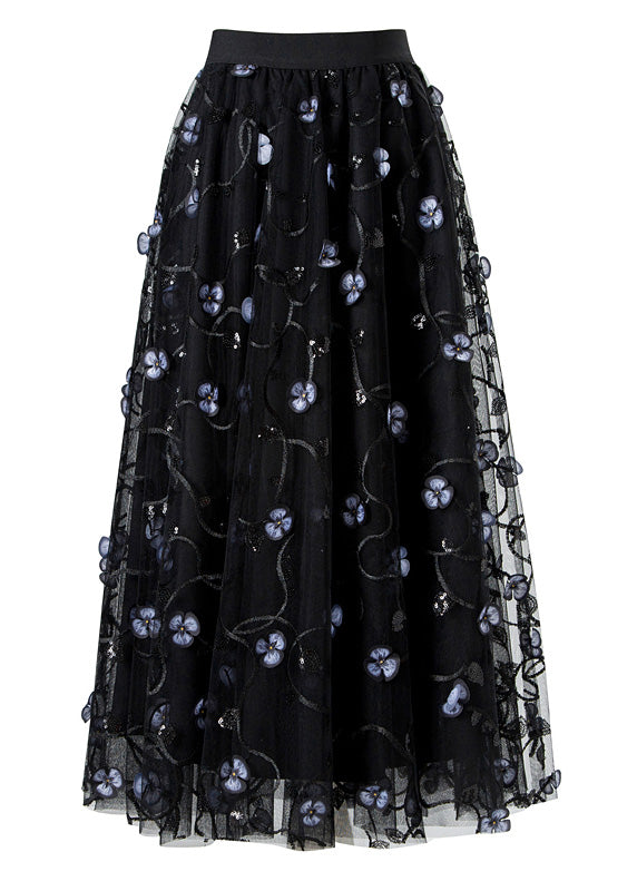 Art Black Embroideried High Waist Tulle Pleated Skirts Spring