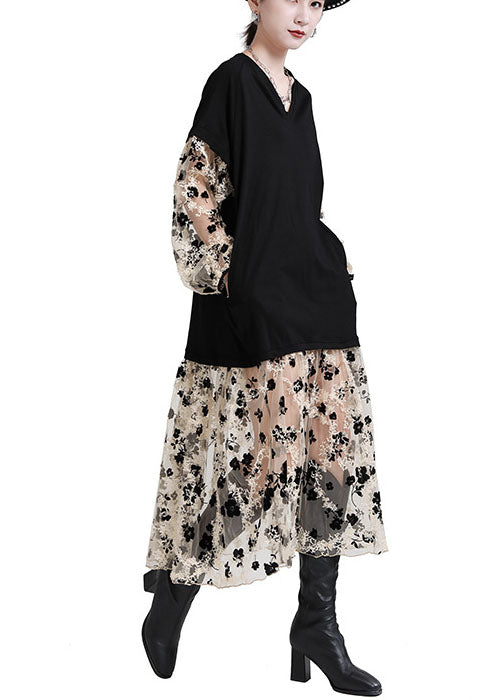 Art Black V Neck Patchwork Pockets Print Fall Vacation Dresses Long Sleeve