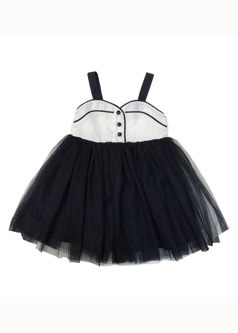 Art Black Wrinkled Patchwork Tulle Kids Dress Sleeveless
